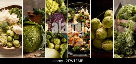 Vue de dessus du collage de légumes verts et de la poêle avec de savoureuses tranches de poulet poêlées avec des choux-fleurs Banque D'Images