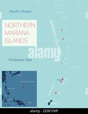 Îles Mariannes du nord carte modifiable détaillée avec villes et sites géographiques. Fichier vectoriel EPS-10 Illustration de Vecteur