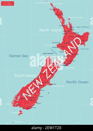 Nouvelle-Zélande carte détaillée modifiable avec villes et sites géographiques. Fichier vectoriel EPS-10 Illustration de Vecteur