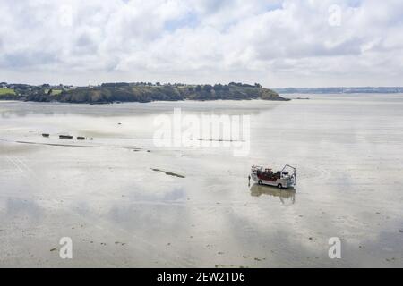 France, Côtes d'Armor, Hillion, la baie de Saint-Brieuc avec un tracteur mytilicol Banque D'Images