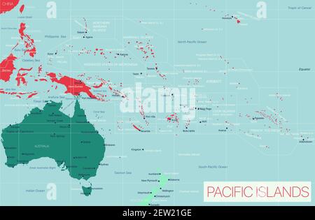 Carte détaillée modifiable de l'île du Pacifique avec villes et sites géographiques. Fichier vectoriel EPS-10 Illustration de Vecteur