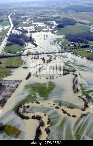 France, territoire de Belfort, Brebotte, Autrechêne, vallée, Bourbeuse, inondation, inondation, prairies, méandres (vue aérienne) Banque D'Images
