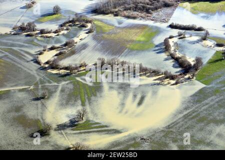 France, territoire de Belfort, Brebotte, Autrechêne, vallée, Bourbeuse, inondation, inondation, prairies, méandres (vue aérienne) Banque D'Images