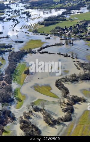 France, territoire de Belfort, Brebotte, Autrechêne, vallée, Bourbeuse, inondation, inondation, prairies, méandres (vue aérienne) Banque D'Images