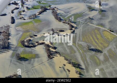 France, territoire de Belfort, Brebotte, Autrechêne, vallée, Bourbeuse, inondation, inondation, prairies, méandres (vue aérienne) Banque D'Images
