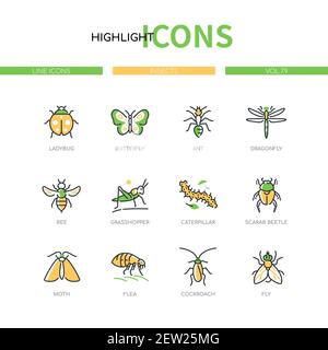 Collection insectes - des icônes de style moderne de design de ligne sur fond blanc. Images de coccinelle, papillon, ant, libellule, abeille, sauterelle, caterpillule Illustration de Vecteur