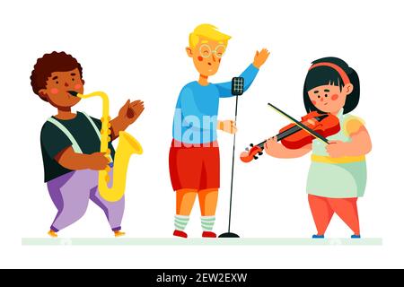 Musique pour enfants - illustration de style plat coloré avec personnages de dessin animé. Des enfants heureux jouant du saxophone et du violon, un garçon chantant. S Illustration de Vecteur