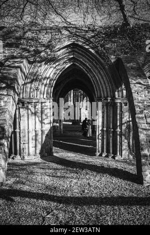 Couple de personnes âgées dans des masques de visage marchant dans le parc national de Margam, les ruines de l'abbaye, le sud du pays de Galles. Noir et blanc Banque D'Images