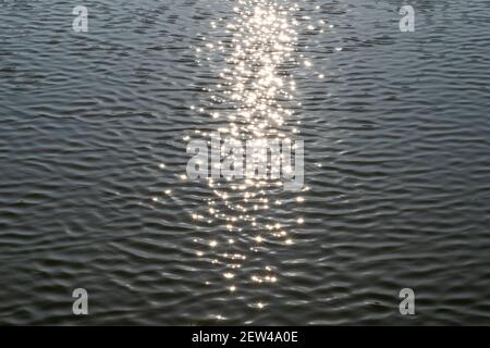 Le soleil en forme d'étoile se reflète dans les vagues d'un lac ou d'un étang. Banque D'Images
