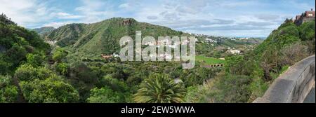 Vue panoramique sur la colline verdoyante et la vallée du jardin botanique, jardin Botanico Canario Viera y Clavijo, Tafira, Gran Canaria, îles Canaries, Espagne Banque D'Images