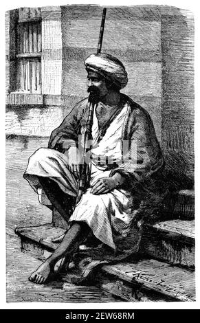 Bédouin armé, le Caire, Égypte. Culture et histoire de l'Afrique du Nord. Illustration ancienne vintage noir et blanc. 19e siècle. Banque D'Images