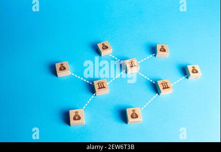 Banques et blocs d'argent connectés dans un réseau de lignes. Système financier. Flux de trésorerie, prêts, investissements. Attraction de fonds de crédit dans international Banque D'Images
