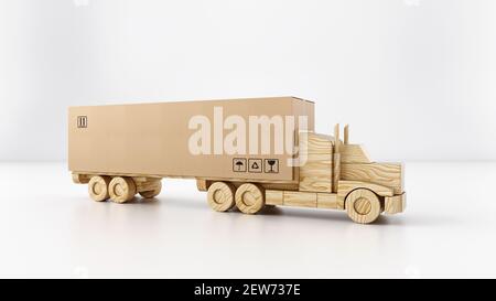 Grande boîte en carton sur un camion de jouets en bois prêt à livrer sur fond blanc Banque D'Images