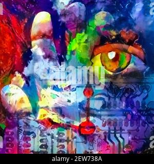 Heure. Circuit électrique et œil. Peinture colorée. Rendu 3D Banque D'Images