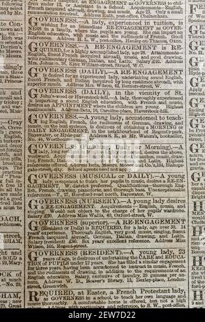 Annonces d'emploi pour des postes de gouvernante dans le journal The Times Londres le mardi 3 mars 1863. Banque D'Images