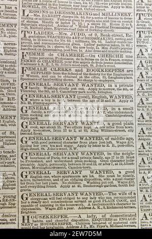 Annonces d'emploi pour les serviteurs généraux, les commis et les gardiens de livres dans le journal The Times Londres le mardi 3 mars 1863. Banque D'Images