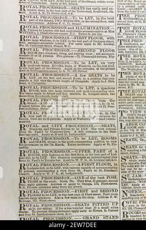 Des annonces de sièges donnant sur la procession royale du mariage royal dans le journal The Times Londres le mardi 3 mars 1863. Banque D'Images