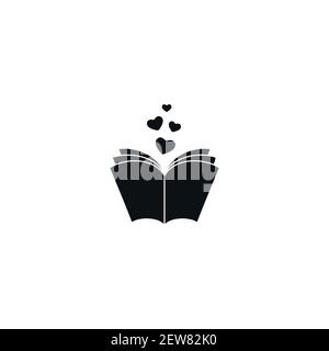 Livre ouvert avec des pages et des coeurs qui volent. Isolé sur fond blanc. Icône plate bibliophile. Illustration vectorielle. Logo de lecture d'amour. Livre romantique Illustration de Vecteur