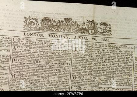 Tête de mât et première page du journal The Times (lundi 20 avril 1835), Londres, Royaume-Uni. Banque D'Images