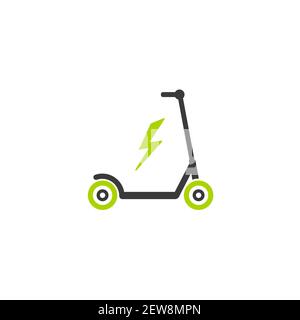 Scooter noir et vert ou vélo d'équilibre avec icône éclair. Scooter poussoir plat isolé sur blanc. Illustration de la charge vectorielle. Transport écologique Illustration de Vecteur