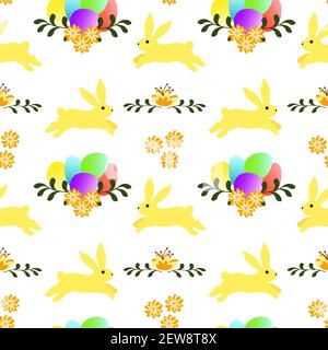 Motif avec lapins de Pâques, œufs de Pâques et fleurs. Illustration de Vecteur