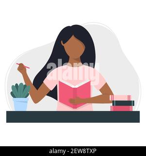 Une femme noire écrit dans un bloc-notes. Concept de planification, d'étude, d'écriture ou de lecture. Illustration vectorielle de style plat. Illustration de Vecteur