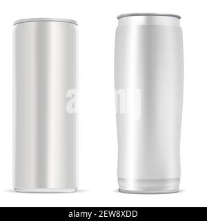 Canette à bière. Bouteille de boisson énergétique, bouteille de soda en aluminium. Boisson froide aluminium argent métal blanc. Illustration du produit de café froid jetable, réaliste Illustration de Vecteur