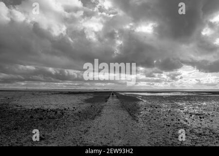 Image en noir et blanc d'un chemin qui s'ingoute dans la mer à Westcliff, Essex, Angleterre Banque D'Images