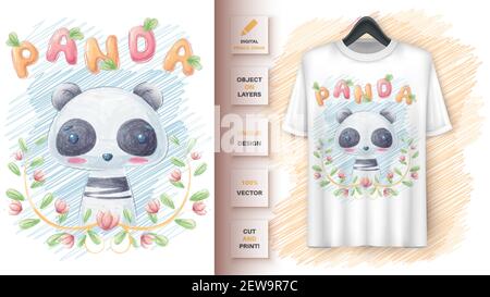 Joli panda en feuille d'affiche et de merchandising. Illustration de Vecteur