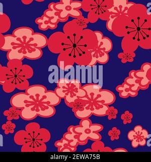Vector bleu foncé fond rose rouge cerisier fleurs fleur. Fond sans couture. Illustration de Vecteur