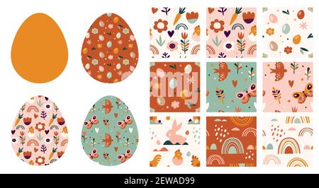 Motif de Pâques boho, motifs et lapins sans couture, œufs, fleurs et arcs-en-ciel aux couleurs pastel et terre cuite Illustration de Vecteur