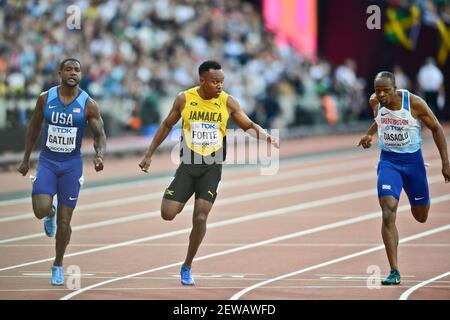 Justin Gatlin (Etats-Unis), Julian forte (Jamaïque) et James Dasalou (Grande-Bretagne). 100 mètres hommes demi-finales, IAAF World Championships Londres 2017 Banque D'Images