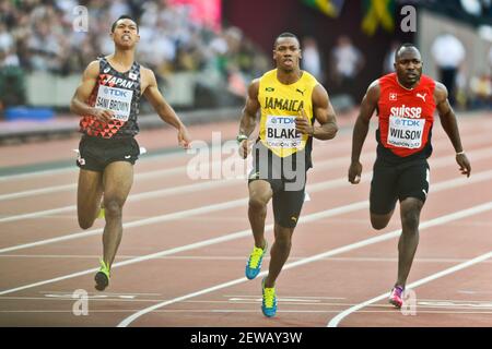 Yohan Blake (JAM), Abdul Hakim Sani Brown (JPN), Alex Wilson (SWI). 100 mètres hommes demi-finales, IAAF World Championships Londres 2017 Banque D'Images