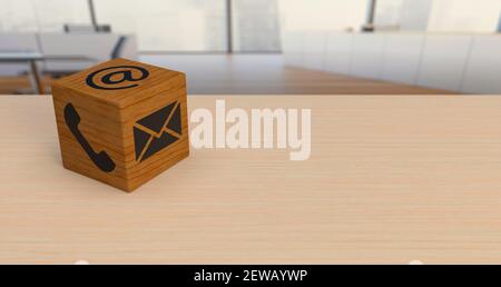 Dés en bois sur le bureau avec trois symboles de contact différents Et icônes rendu 3D Banque D'Images