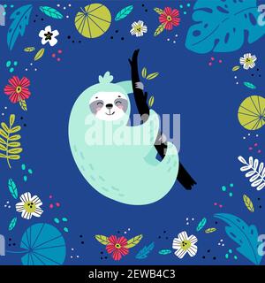 Sloth dans diverses feuilles et fleurs tropicales. Illustration de Vecteur