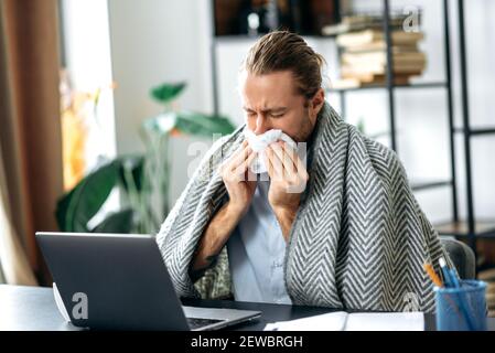 Homme caucasien s'assoir au bureau, travaillant à distance ou étudiant, tandis que la maladie, en utilisant le papier de soie, éternuant. Insain homme freelance malaise, malade avec le nez courant Banque D'Images