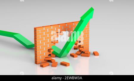 La flèche traverse la barrière. La courbe de croissance martelait le mur de briques. rendu 3d. Banque D'Images