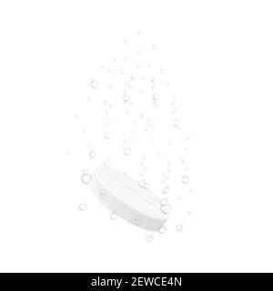 Comprimé soluble effervescent avec bulles sous-marines isolées sur fond blanc. Médicament pilule dissolution dans l'eau. Illustration vectorielle réaliste. Illustration de Vecteur