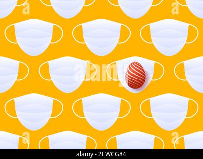 Masque médical contre un virus avec un œuf de pâques rouge réaliste sur fond jaune. Illustration vectorielle sans couture motif joyeuses pâques Illustration de Vecteur