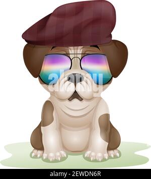 Mignon chiot pug dessin animé dans un chapeau et des lunettes de soleil Illustration de Vecteur