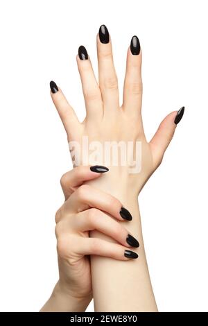 Mains de femme avec manucure à ongles noirs. Isolé sur fond blanc. Banque D'Images