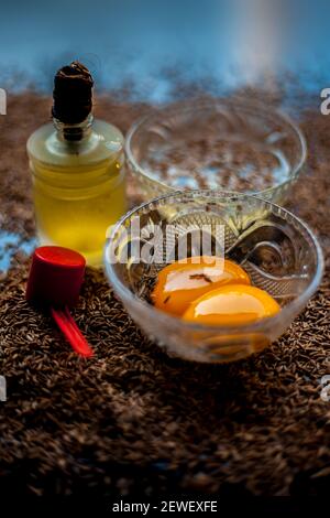 Masque de cheveux pour cheveux longs et sains composés de graines de cumin ou de zéera ou de jeera avec un peu de jaune d'œuf cru, de l'eau et un peu d'huile d'olive sur une couleur brune Banque D'Images