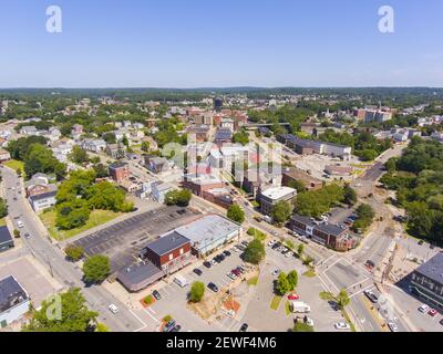 Woonsocket main Street quartier historique vue aérienne dans le centre-ville de Woonsocket, Rhode Island RI, Etats-Unis. Banque D'Images