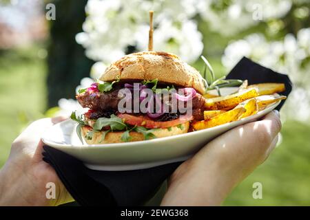 Crochez une personne méconnaissable en montrant une assiette avec un délicieux hamburger aux légumes tranches entre pains croquants en plein soleil Banque D'Images