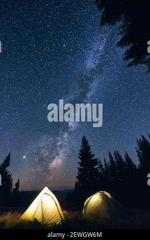Photo verticale du camping touristique en forêt, chaude soirée d'été. Deux tentes illuminées sous un magnifique ciel nocturne plein d'étoiles et de façon laiteuse brillante. Concept de camping dans les montagnes. Banque D'Images