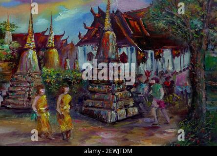 Peinture à l'huile originale Chedis au temple Wat Pho Banque D'Images