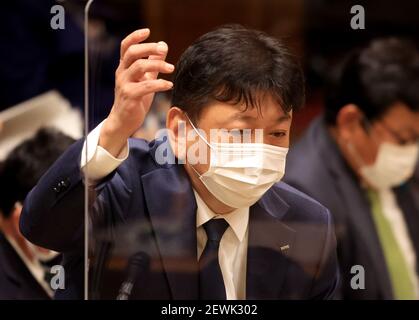 Tokyo, Japon. 3 mars 2021. Le président de Tokyo Electric Power Company (TEPCO) Holdings, Tomoaki Kobayakawa, répond à une question lors de la session du comité du budget de la Chambre haute à la Diète nationale de Tokyo, le mercredi 3 mars 2021. Credit: Yoshio Tsunoda/AFLO/Alay Live News Banque D'Images