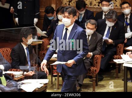 Tokyo, Japon. 3 mars 2021. Le président de Tokyo Electric Power Company (TEPCO) Holdings, Tomoaki Kobayakawa, répond à une question lors de la session du comité du budget de la Chambre haute à la Diète nationale de Tokyo, le mercredi 3 mars 2021. Credit: Yoshio Tsunoda/AFLO/Alay Live News Banque D'Images