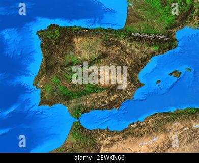 Carte physique de l'Espagne et du Portugal. Vue plate détaillée de la planète Terre et de ses formes terrestres - éléments fournis par la NASA Banque D'Images