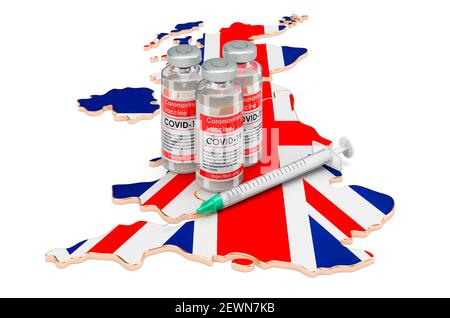 Vaccin et seringue avec carte britannique. Vaccination au Royaume-Uni concept, rendu 3D isolé sur fond blanc Banque D'Images